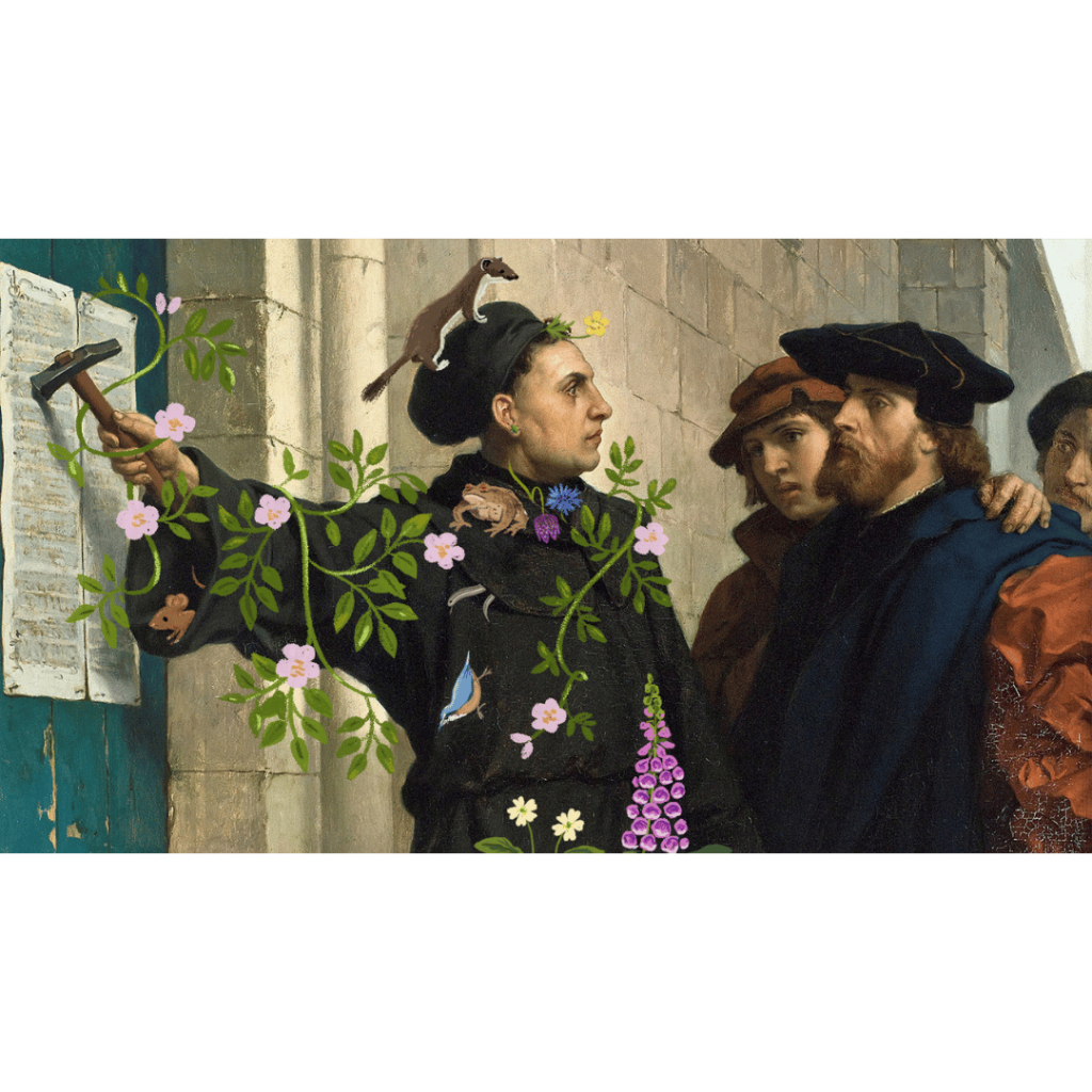 An illustration based on an old image of Martin Luther pinning the articles of faith to the door. This time it is a woman, covered in plants and flowers doing the hammering to make the case for rewilding