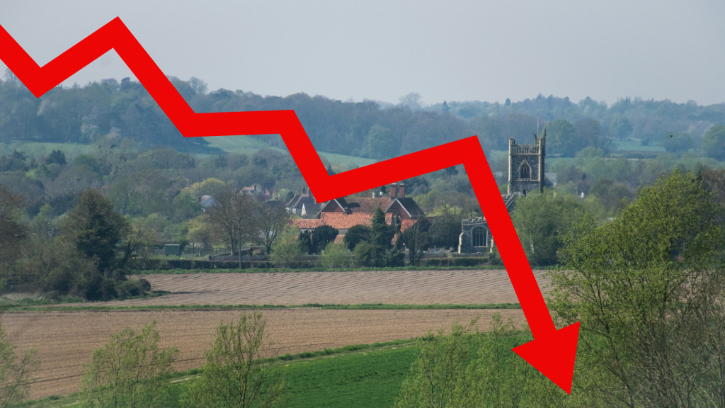 A field of crops with a Church and hills in the background. Layered over this is a graphic of a red arrow zig zagging downward to illustrate the costs if they fail to rewild
